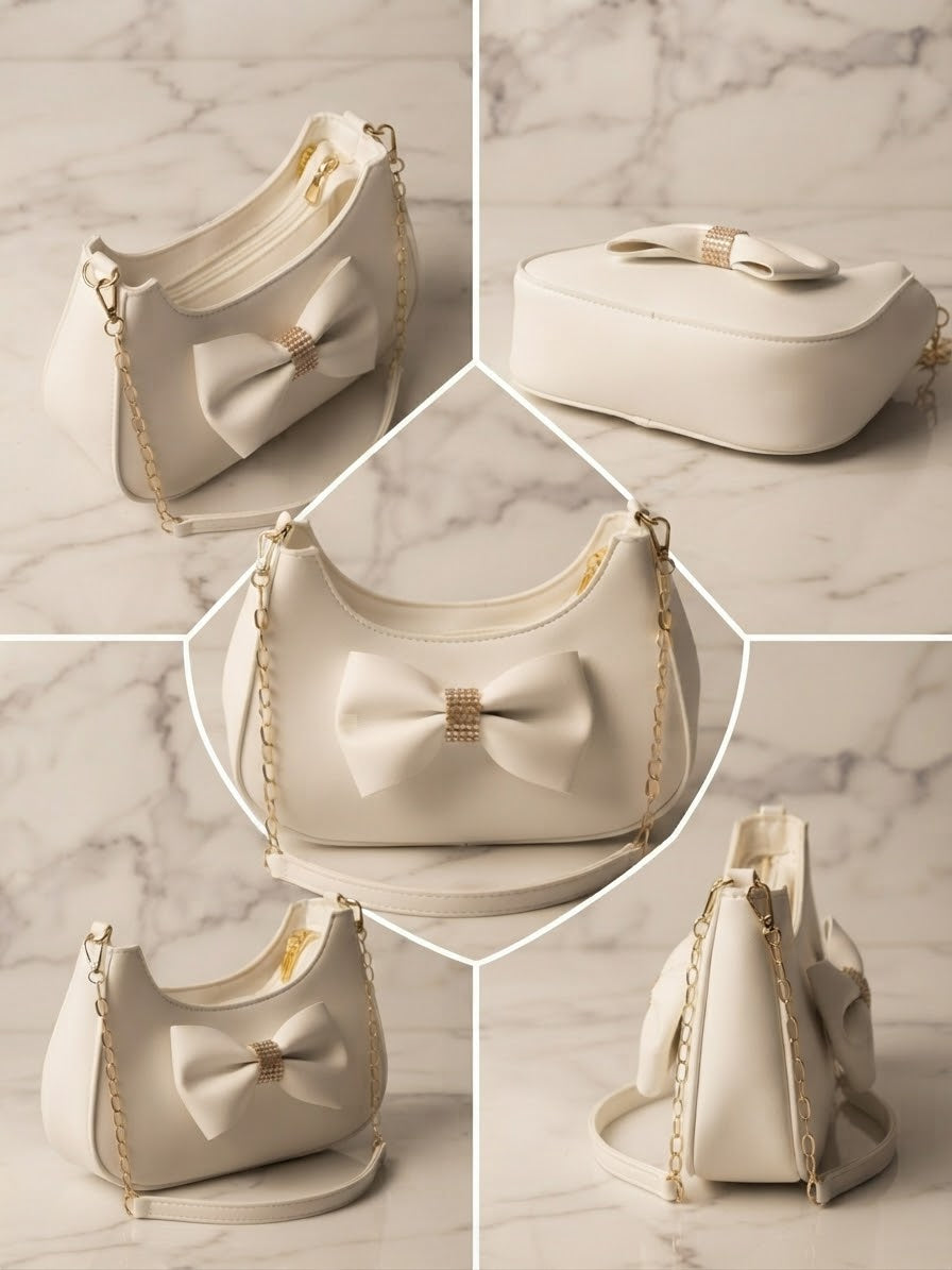Cream Bow Shoulder Bag with Gold Chain