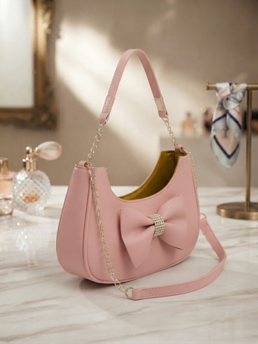 Pink Bow Shoulder Bag with Gold Chain