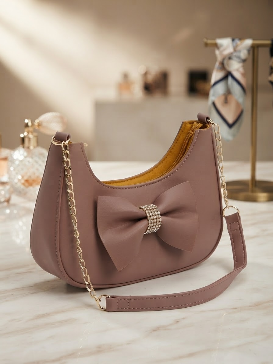 Dusty Brown Bow Shoulder Bag with Gold Chain Detail