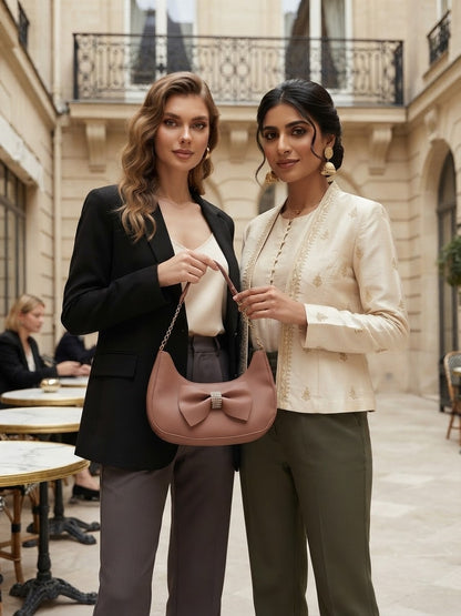Dusty Brown Bow Shoulder Bag with Gold Chain Detail
