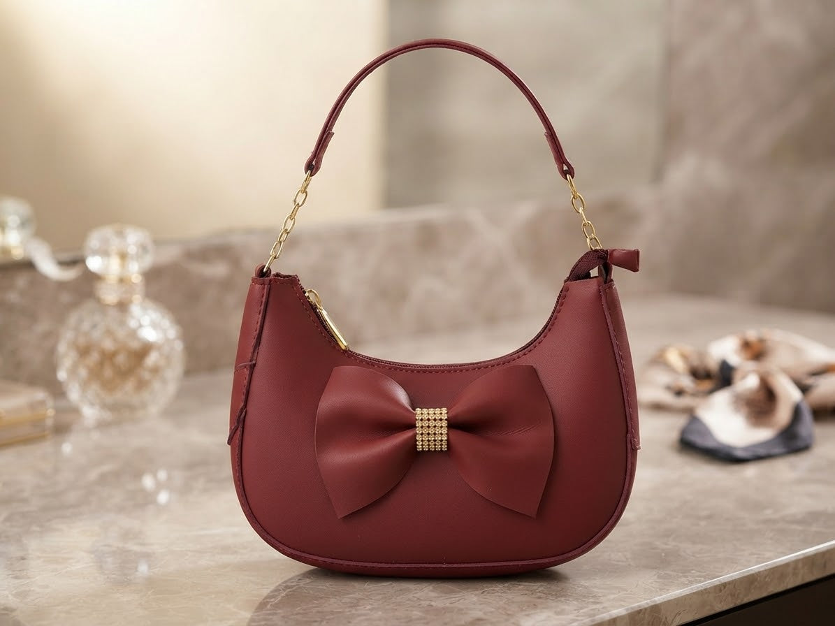 Maroon Bow Shoulder Bag with Gold Chain