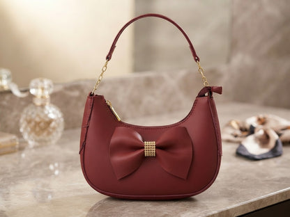 Maroon Bow Shoulder Bag with Gold Chain